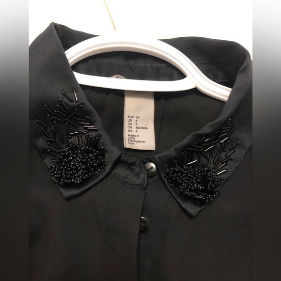 Black button down black shirt, beaded collar, 4 - Picture 2 of 5